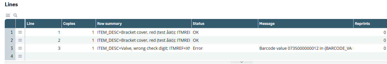 A print job’s lines in Sage X3: two printed, the third stopped because its barcode’s check digit is wrong